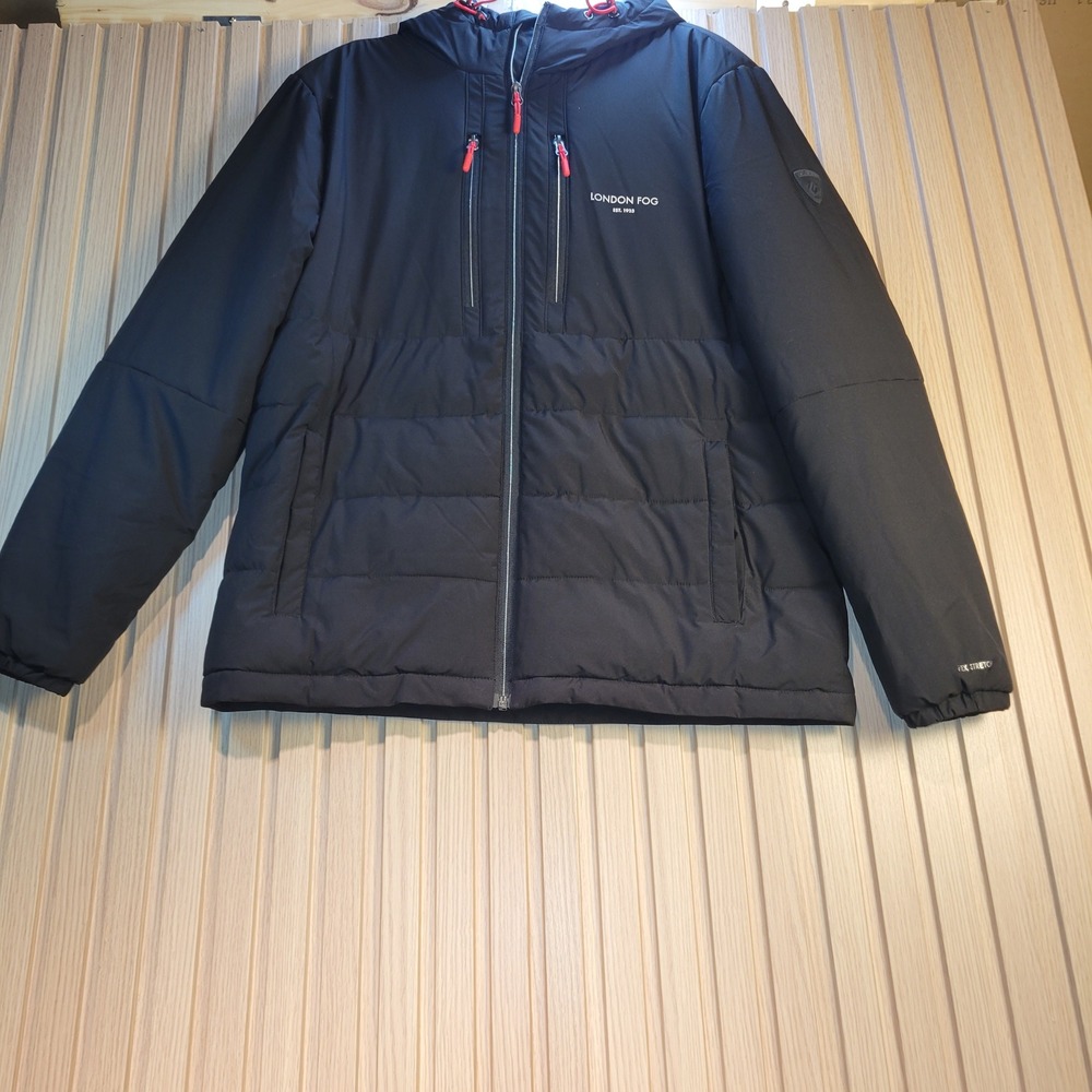 London Fog Mens Flex Stretch Hooded Puffer Jacket Black Recycle Insulation Small